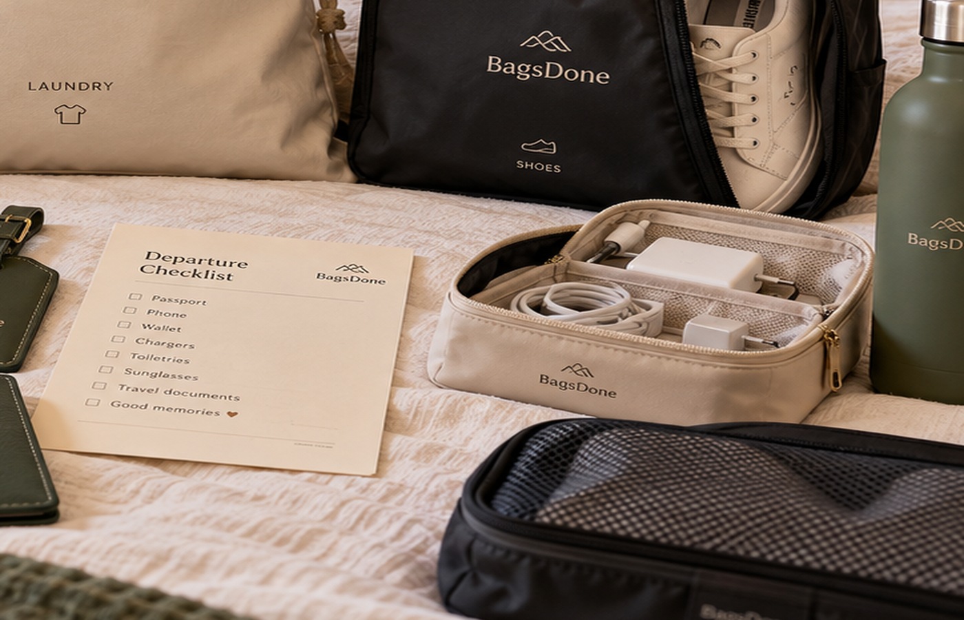 Travel toiletries, grooming items and organized packing details