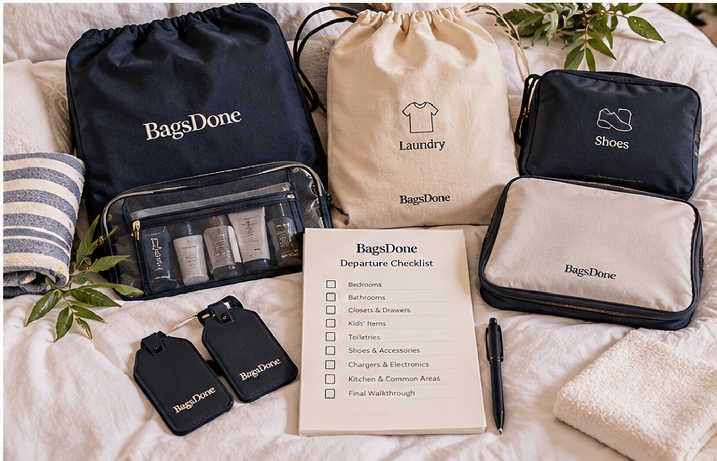 The BagsDone Departure Kit with labeled laundry, wet-dry and shoe organizers