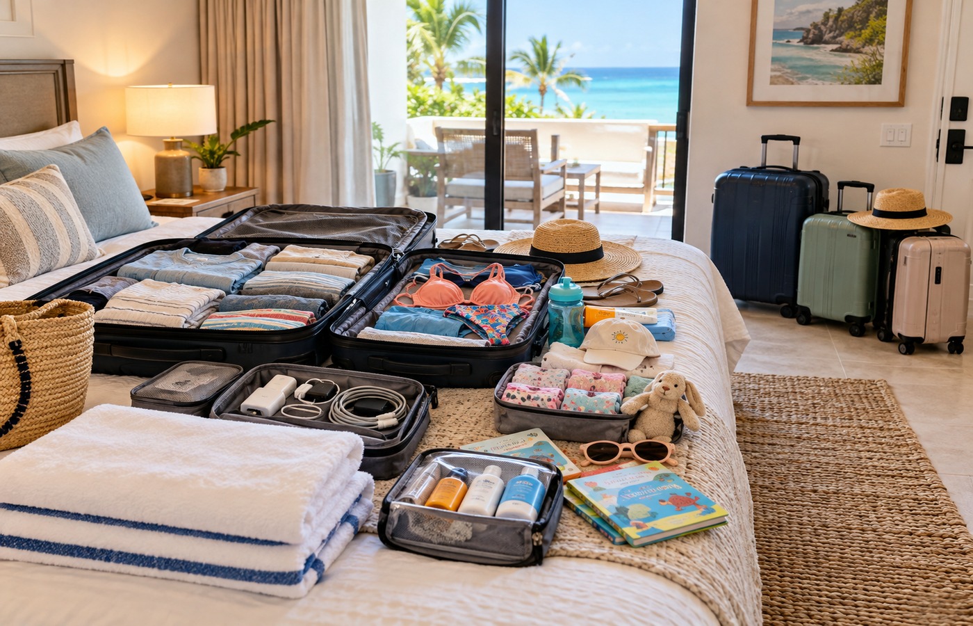 Primary suite with neatly organized vacation packing and open luggage